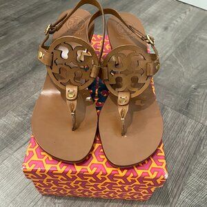 Tory Burch Holly Women's Sandal Kitten Heel Royal Tan Leather 8.5M (NWT)